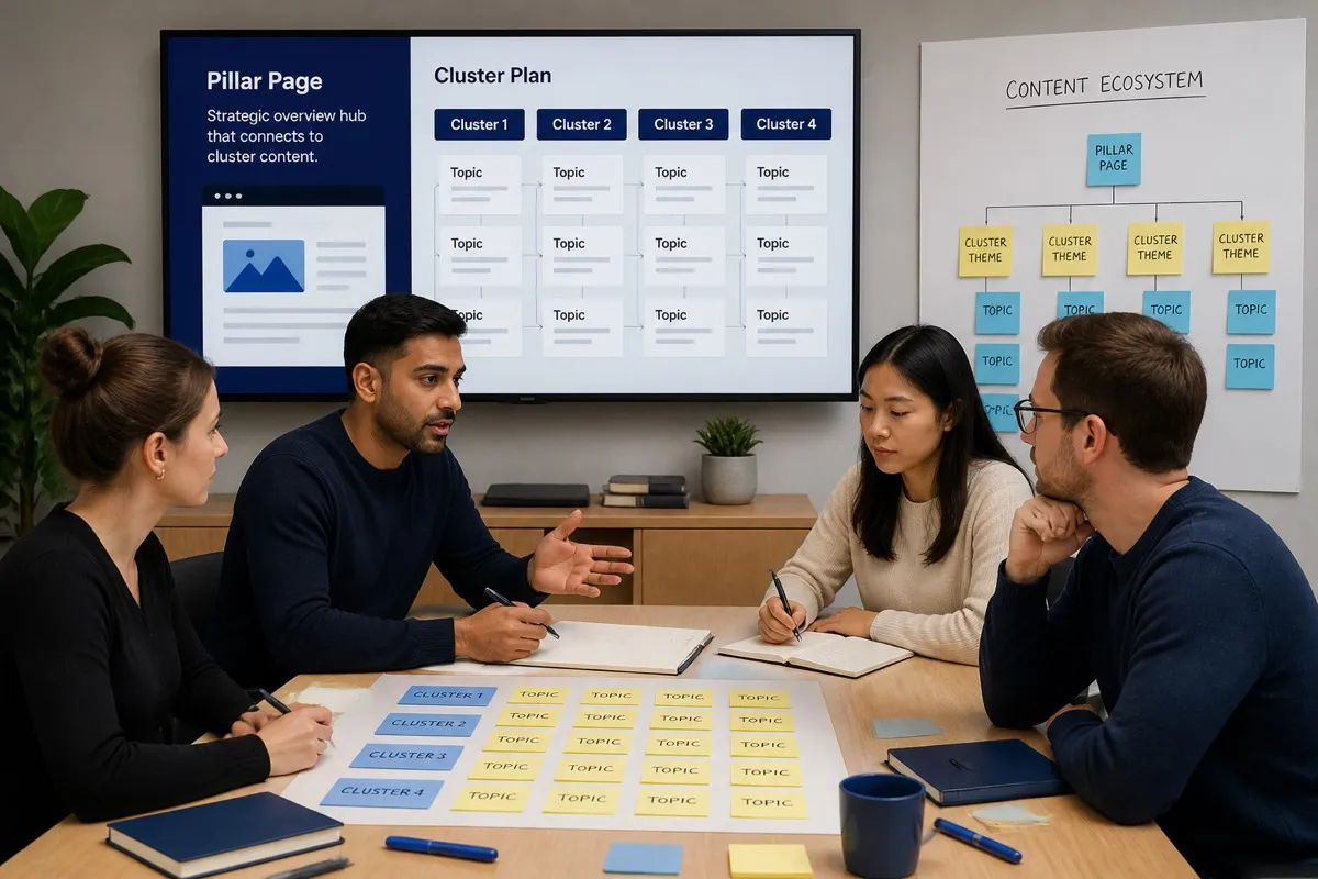 Agency team workshop mapping pillar pages and content clusters to scale operations
