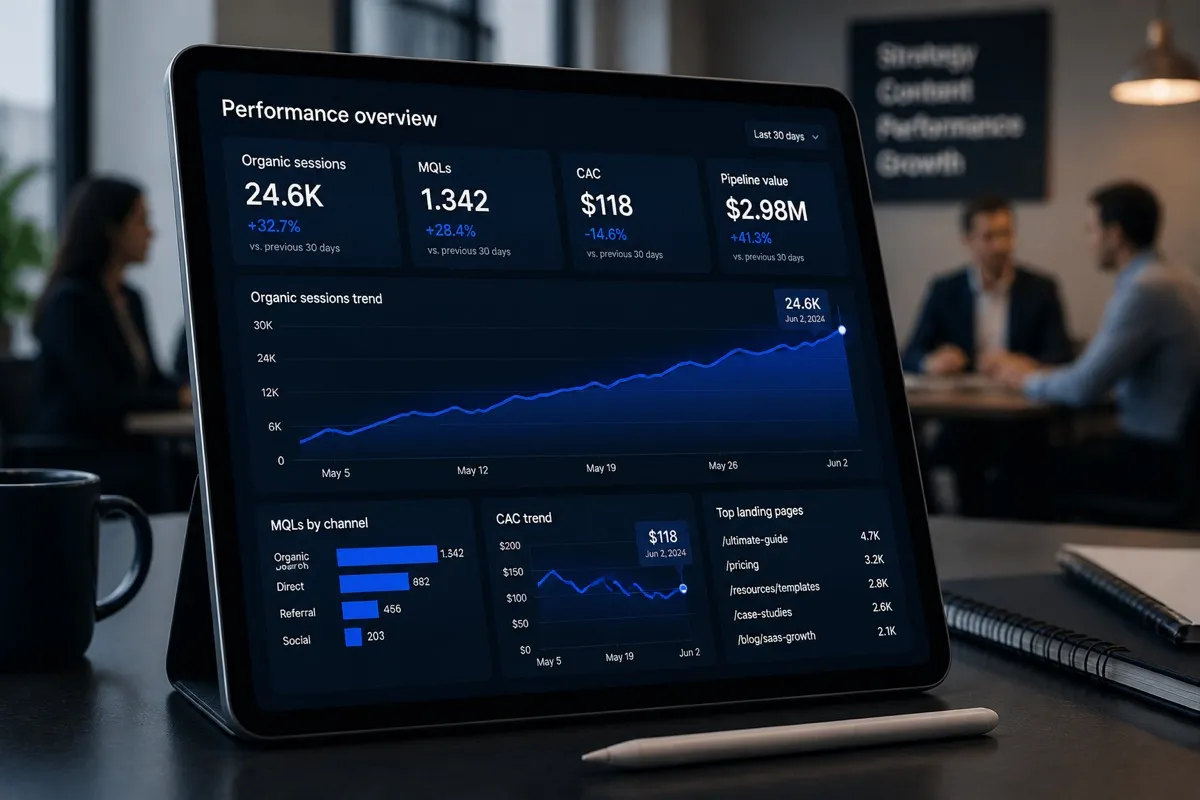 Dashboard showing organic sessions, MQLs, CAC and rising trends for topical authority ROI