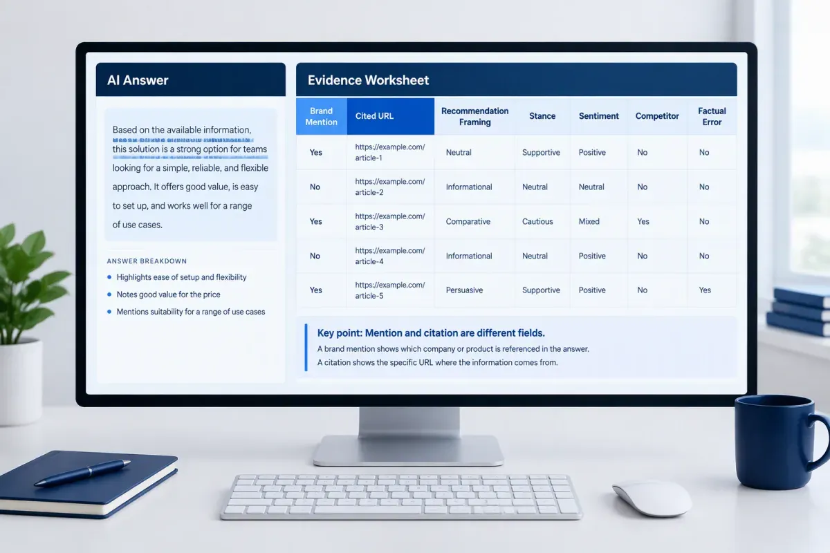 AI answer evidence worksheet separating brand mentions, citations, recommendation framing, and errors