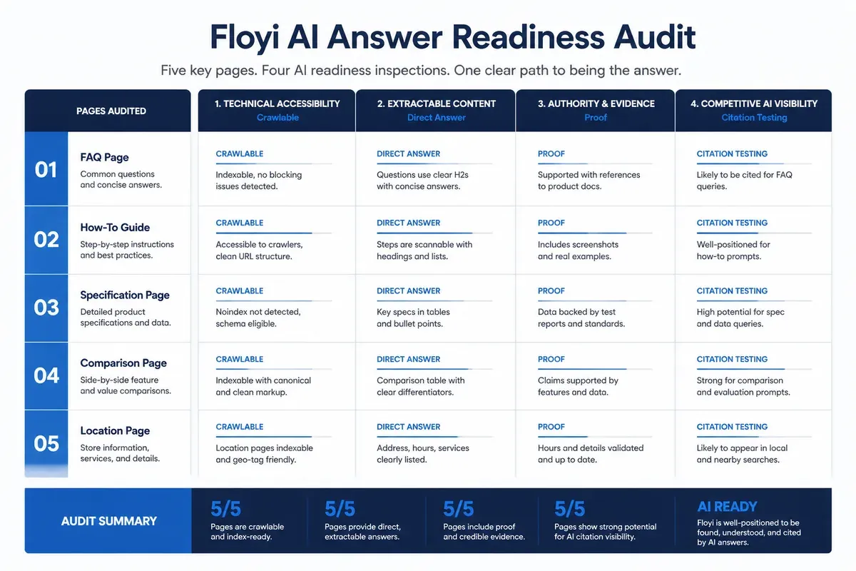 AI answer readiness audit for crawlability, extractable content, evidence, and citations