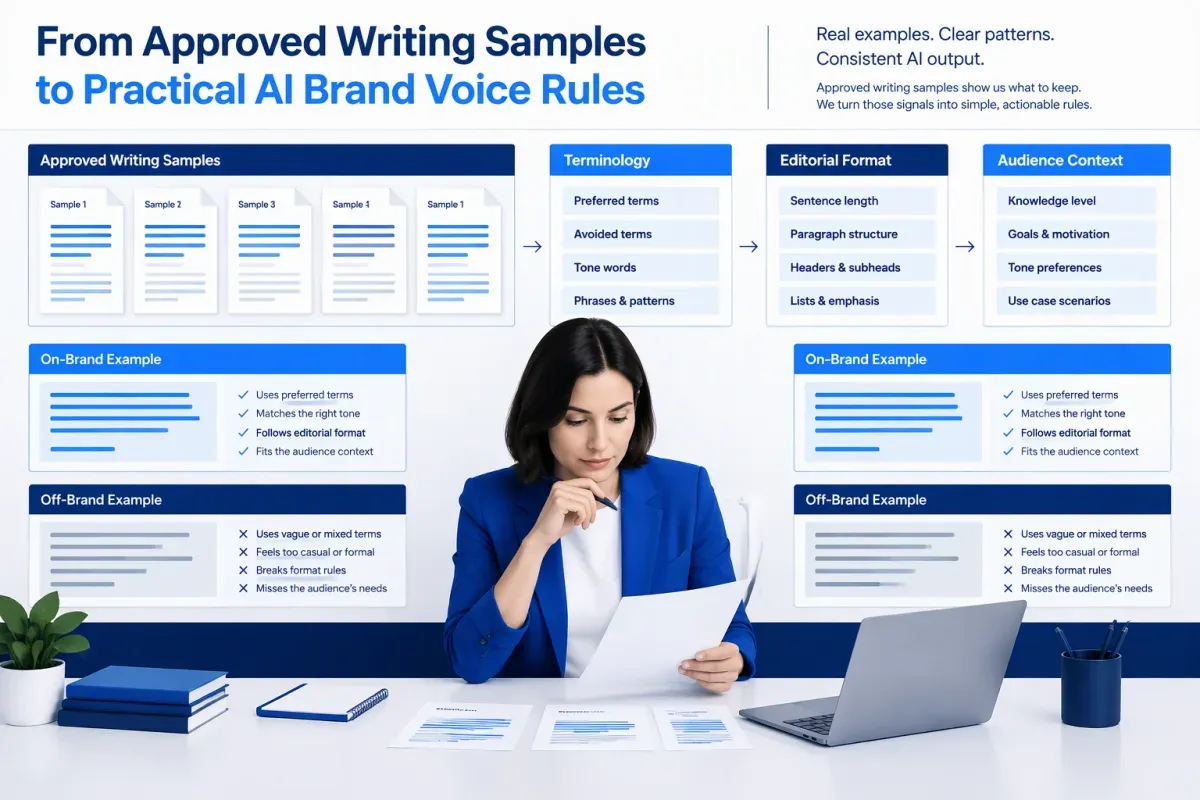 AI brand voice guidelines built from approved writing samples and clear terminology rules