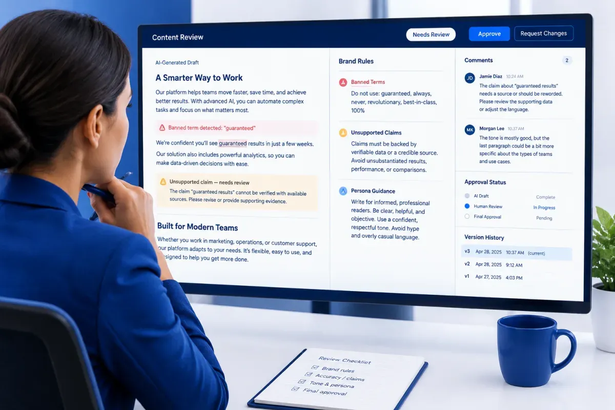 AI content platform draft review with brand controls, claim warnings, comments, and approval history