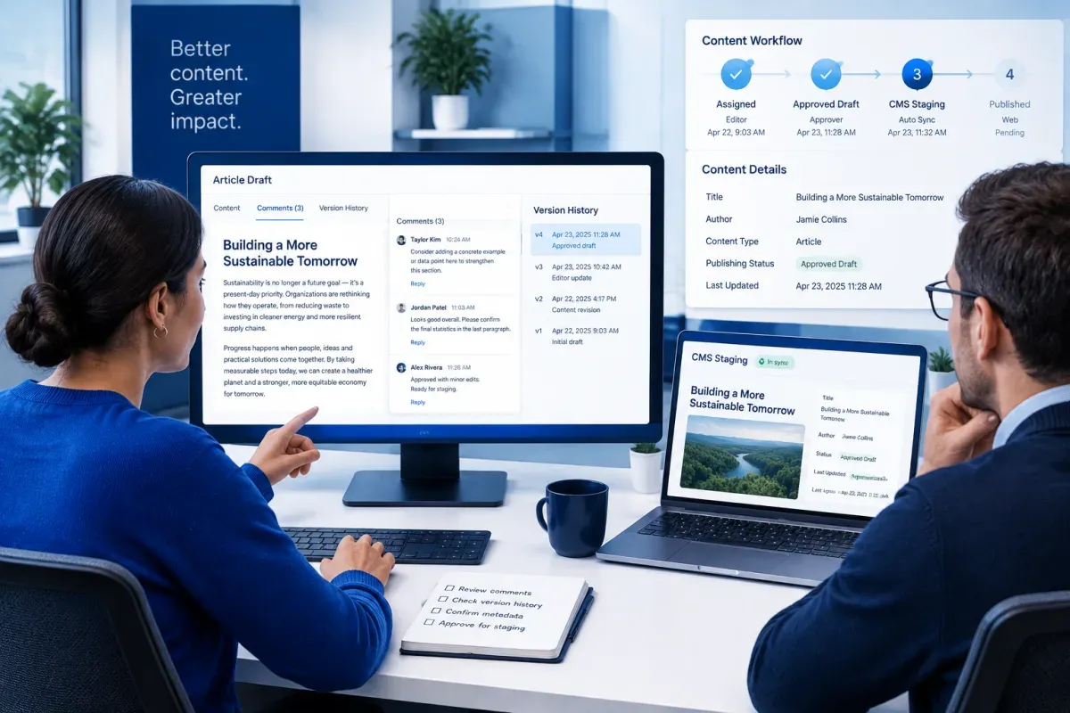 AI content publishing workflow with editorial approvals, CMS staging and status tracking