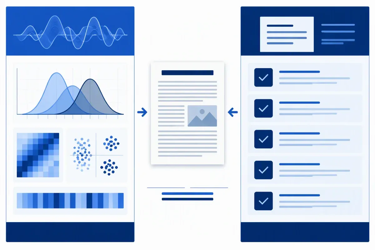 Illustration contrasting statistical writing-pattern signals with a quality checklist applied to the same document