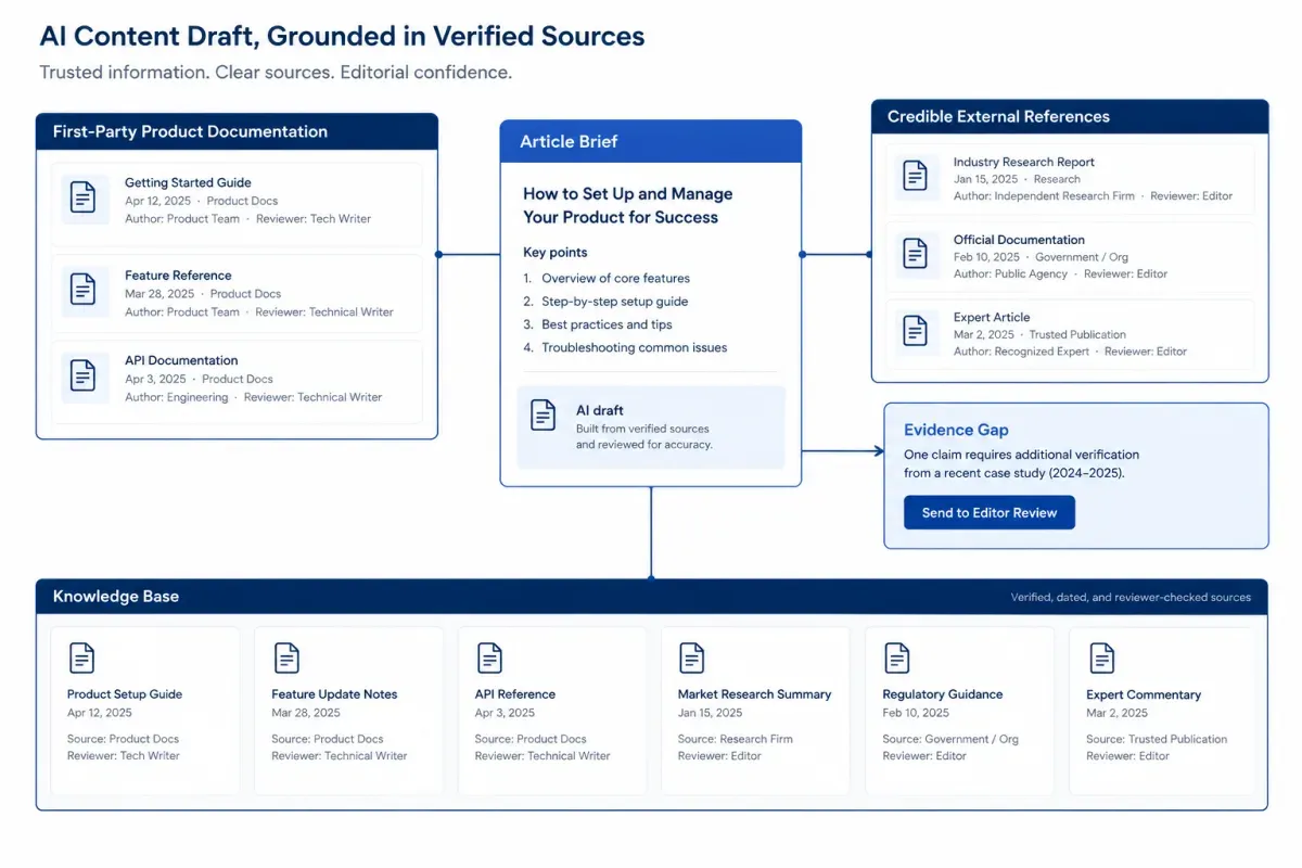 AI content draft grounded in verified sources, current Knowledge Base documents and an approved brief