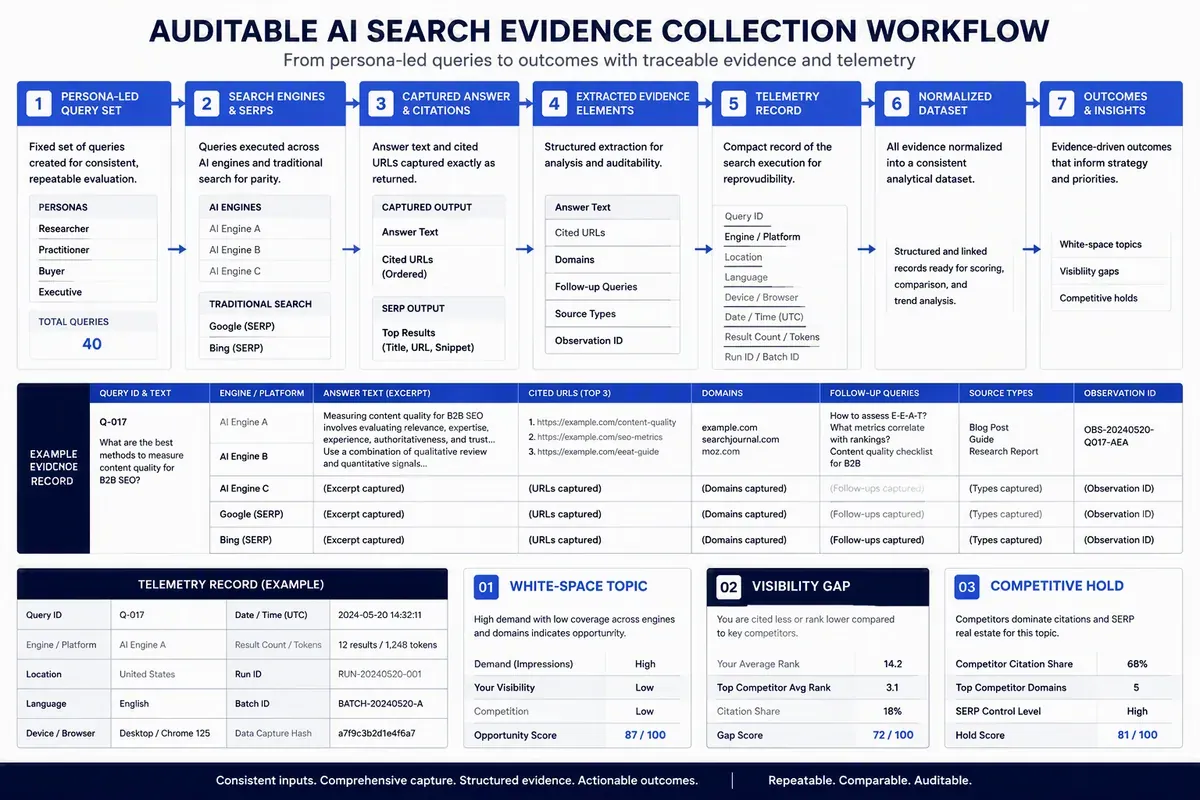AI search evidence workflow capturing queries, citations, SERPs, and visibility gaps