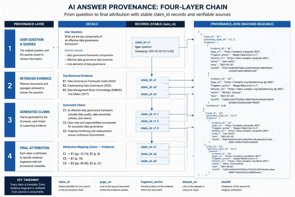 AI search provenance chain linking claims to evidence and provenance.json