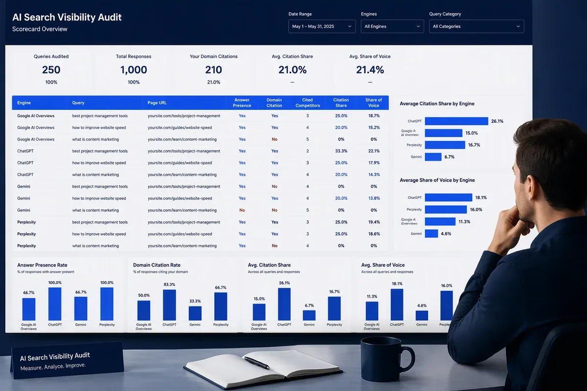 AI search visibility audit tracking mentions, citations, queries, and share of voice