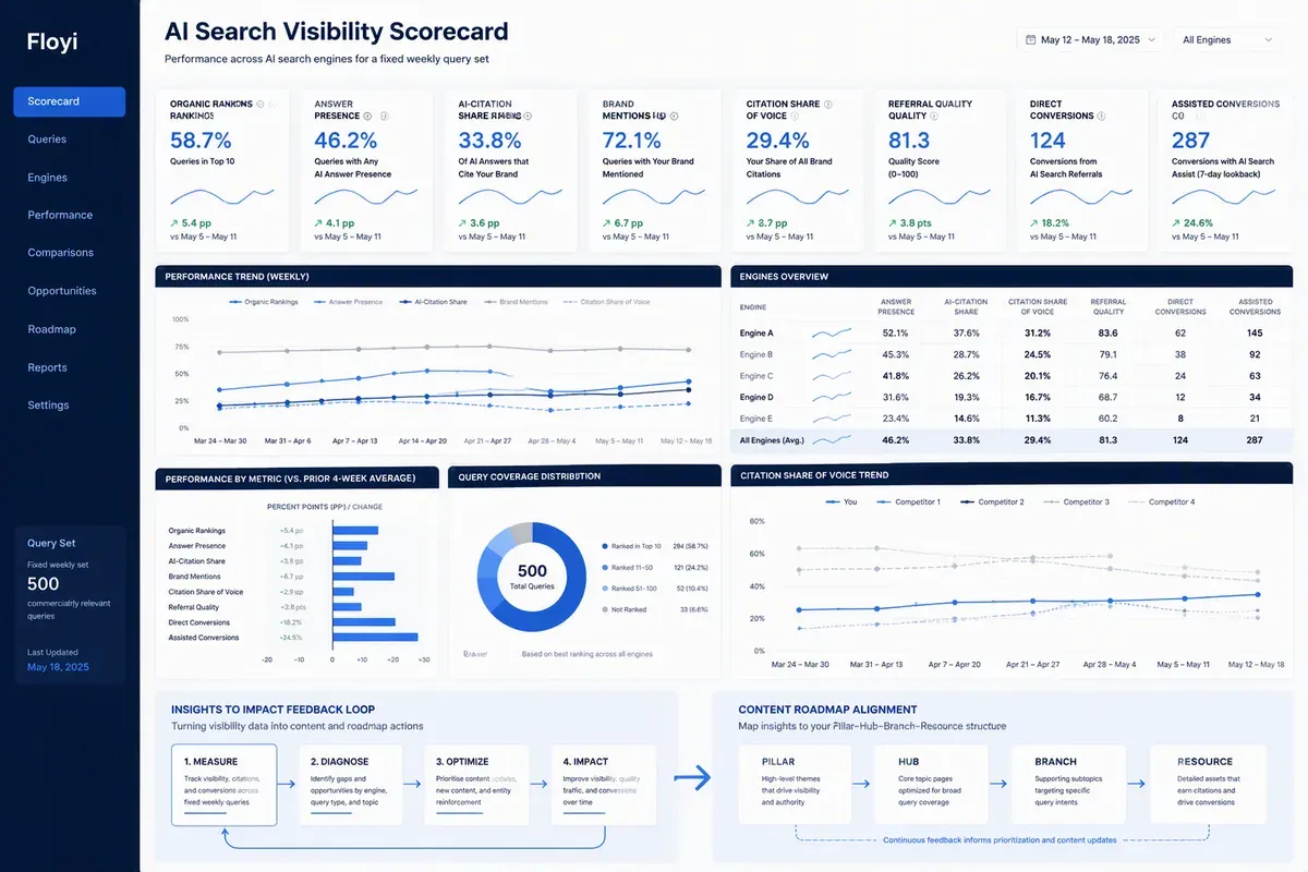 AI search visibility scorecard measuring citations, mentions, rankings, referrals, and conversions