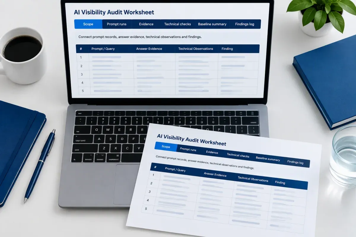 AI visibility audit worksheet with scope, prompt runs, evidence, technical checks, and findings tabs