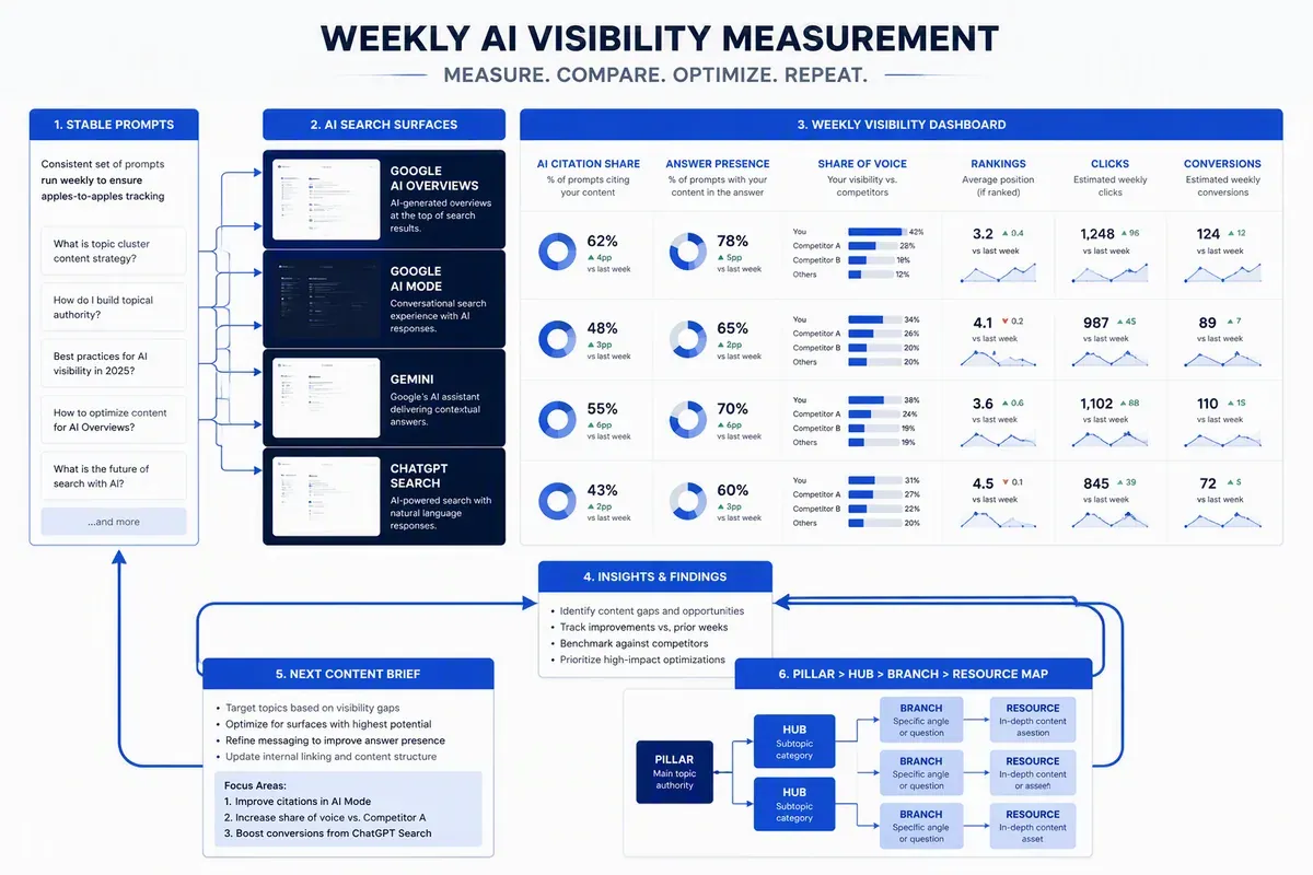 AI visibility measurement dashboard for SEO, GEO, and AEO content