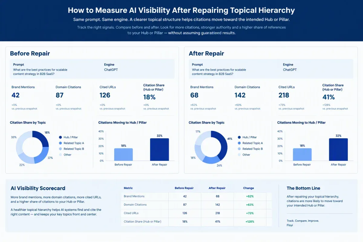 Before-and-after AI visibility scorecard tracking mentions and citations after hierarchy repair