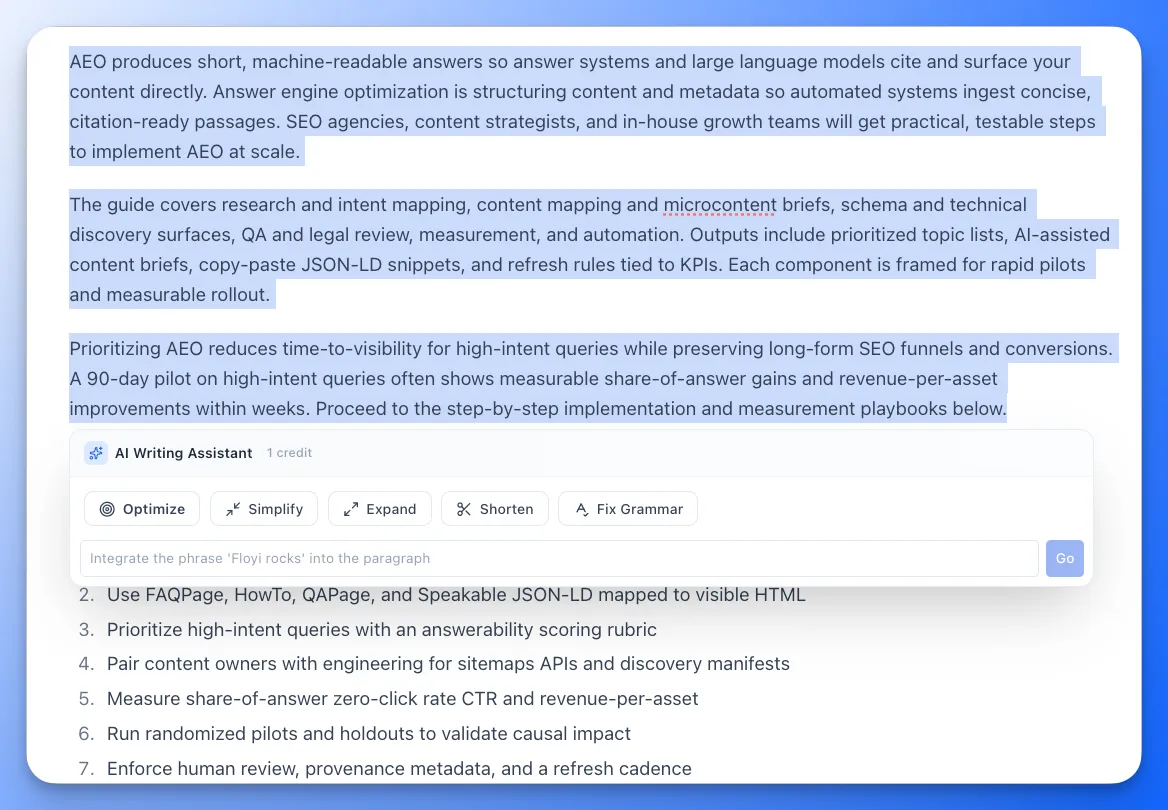 AI Writing Assistant in the Content Editor