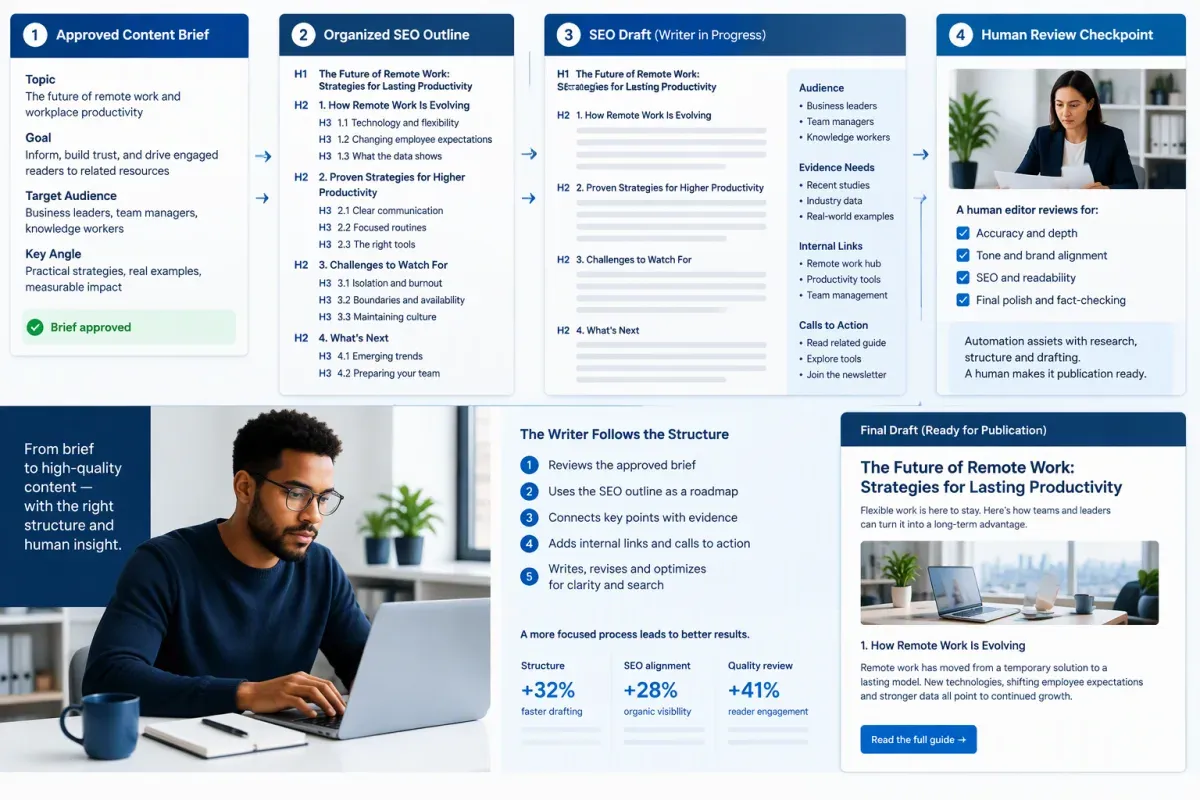 Approved AI content brief becoming an SEO outline and draft with evidence and link guidance