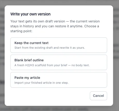 New draft modal showing three ways to start a draft when you already have drafts: generate with AI, write it yourself, or paste an existing article