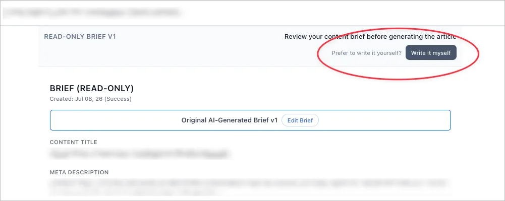 The Write it myself button in the Content Editor, which opens the editor to write or paste your own article
