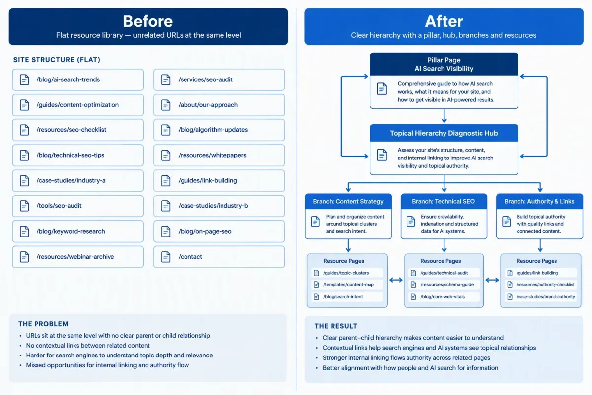 Before-and-after SEO site structure showing flat resources reorganized into a clear topical hierarchy