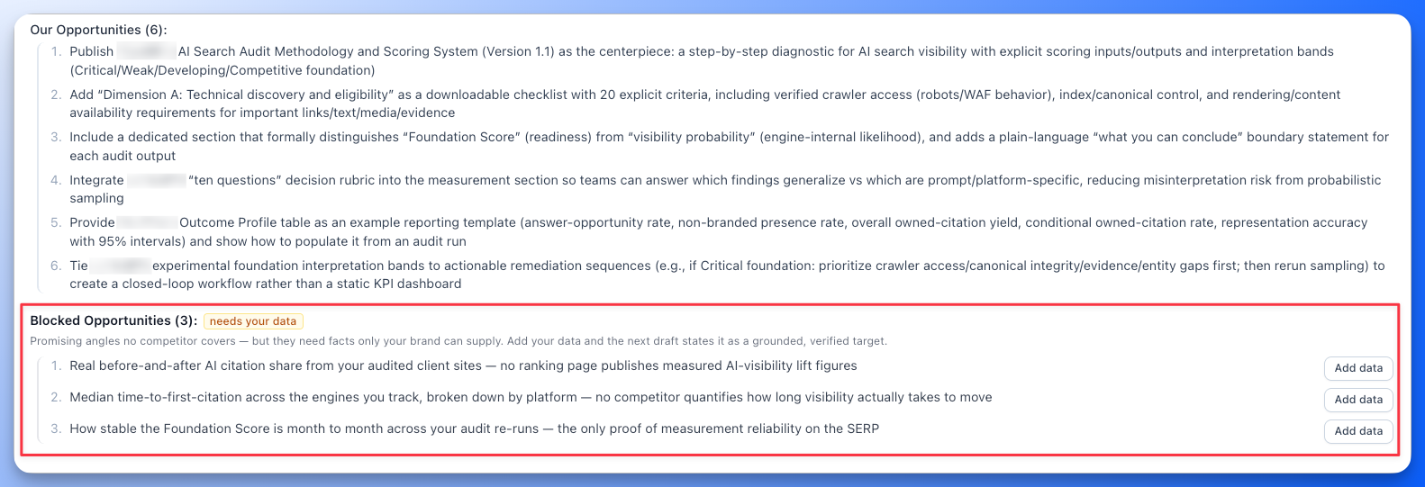 Floyi content brief showing original content opportunities that need firsthand evidence