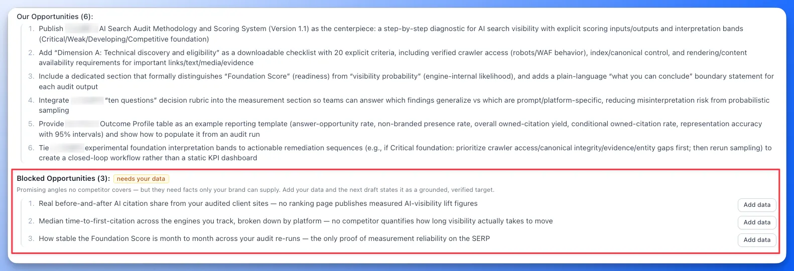 A Blocked Opportunity in a content brief marked needs your data, with an Add data button and a modal to enter the fact and choose a section