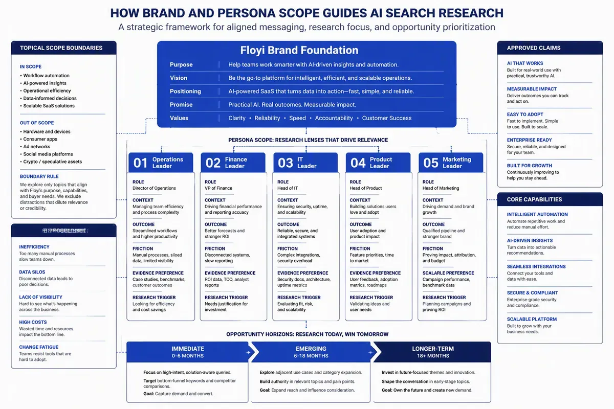 Brand and persona scope connecting buyer needs, approved claims, and AI search opportunities