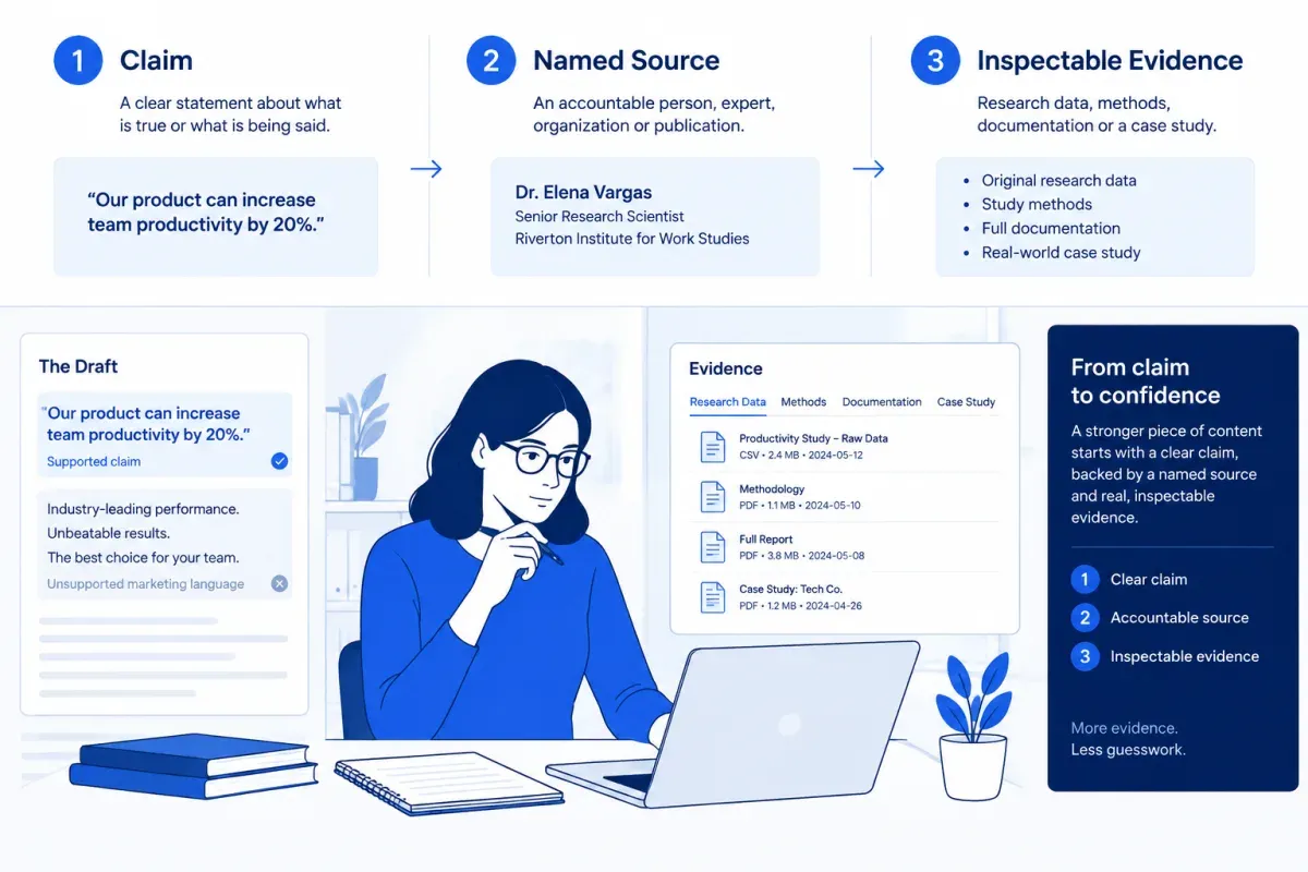 Brand expertise proof chain linking clear claims, named sources and inspectable evidence