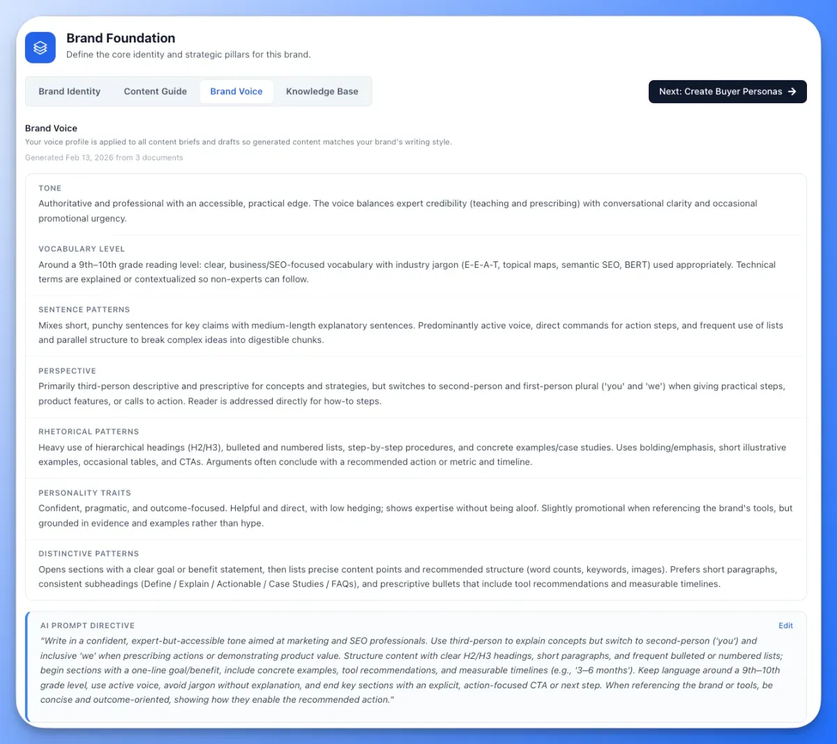 Floyi Brand Foundation Brand Voice tab showing a generated voice profile with tone, vocabulary level, sentence patterns, perspective, personality traits, and an AI prompt directive