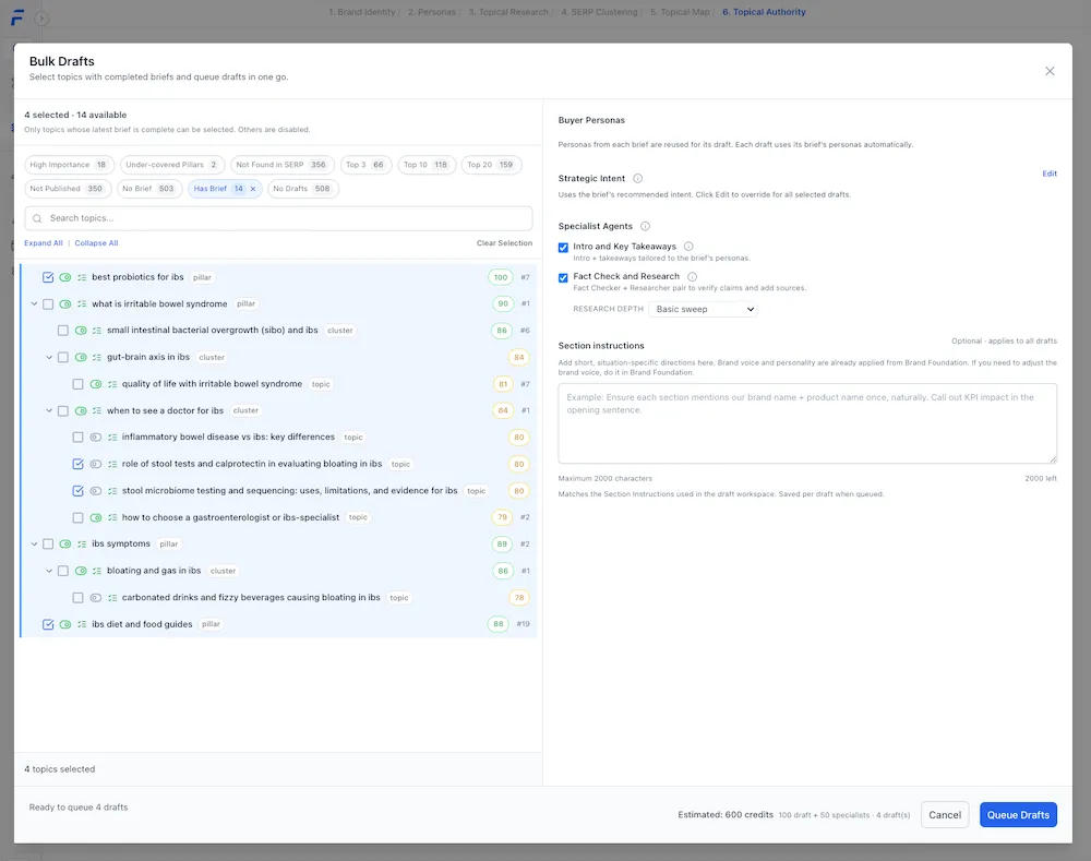 Bulk article drafts modal showing topic selection and settings