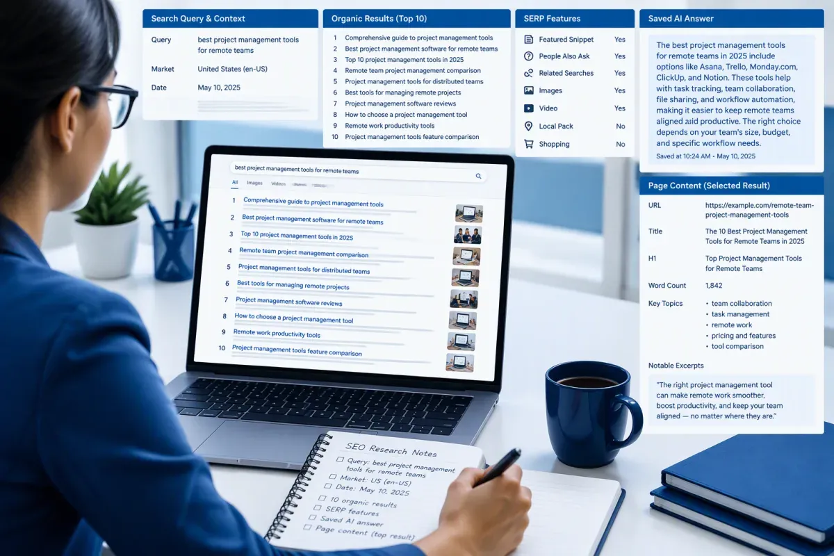 SEO strategist capturing live SERP evidence, AI answers and page content for intent analysis