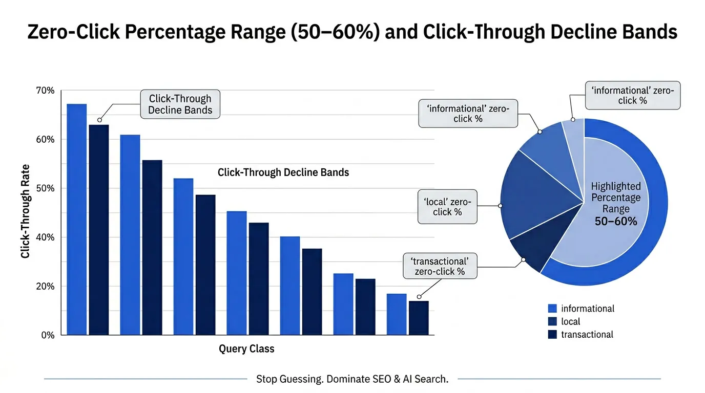 Chart visualizing zero-click benchmarks and CTR decline across query types