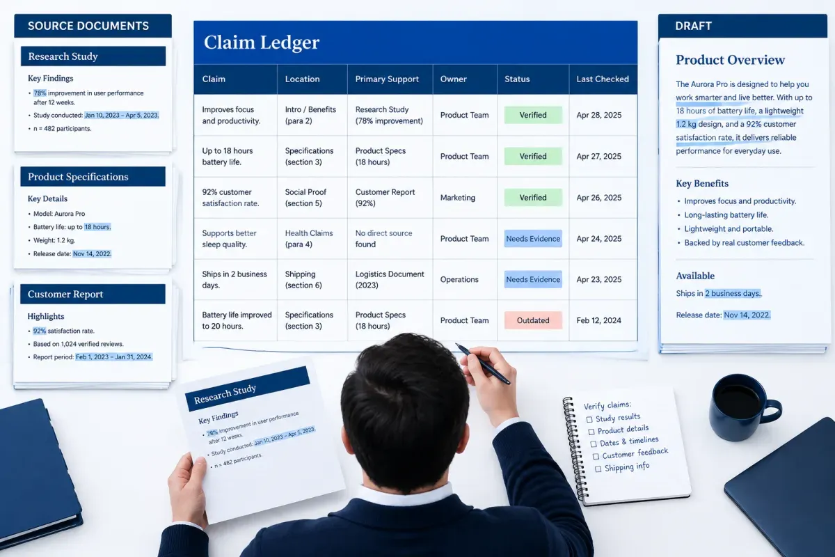 Claim ledger for fact-checking AI content against current sources and recorded review dates