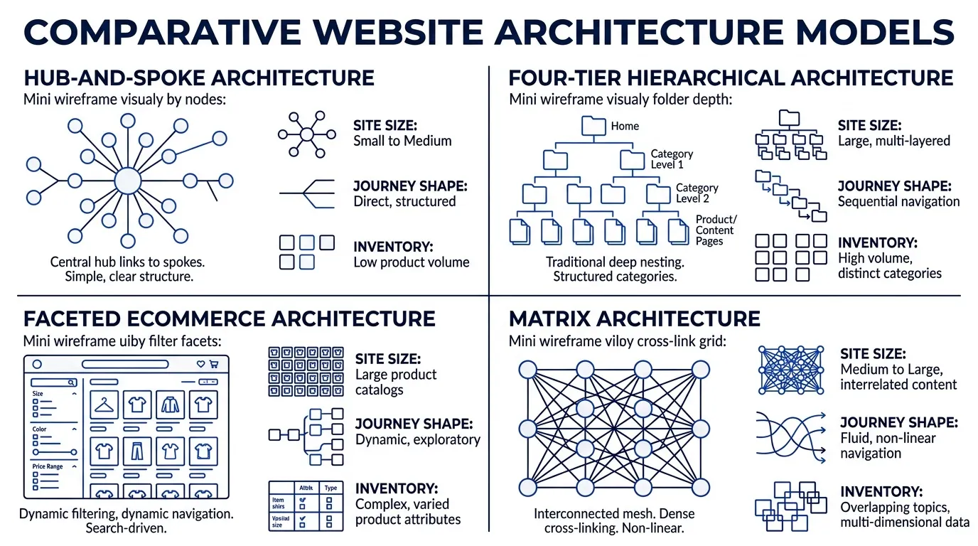 Comparison wireframes of hub-and-spoke, four-tier, faceted, and matrix architecture patterns