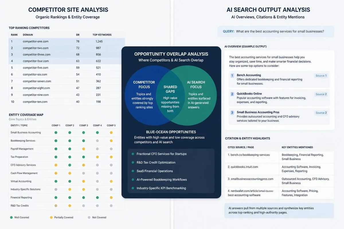 Split-screen benchmark of competitors and AI search showing overlap and gaps