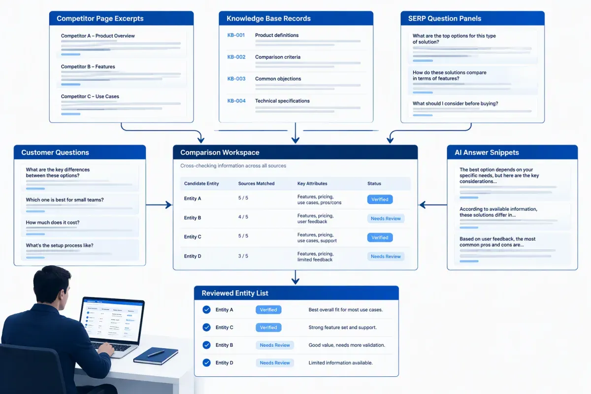 Competitor pages, knowledge bases, SERP questions, customer questions, and AI answers cross-checked to produce a reviewed entity list
