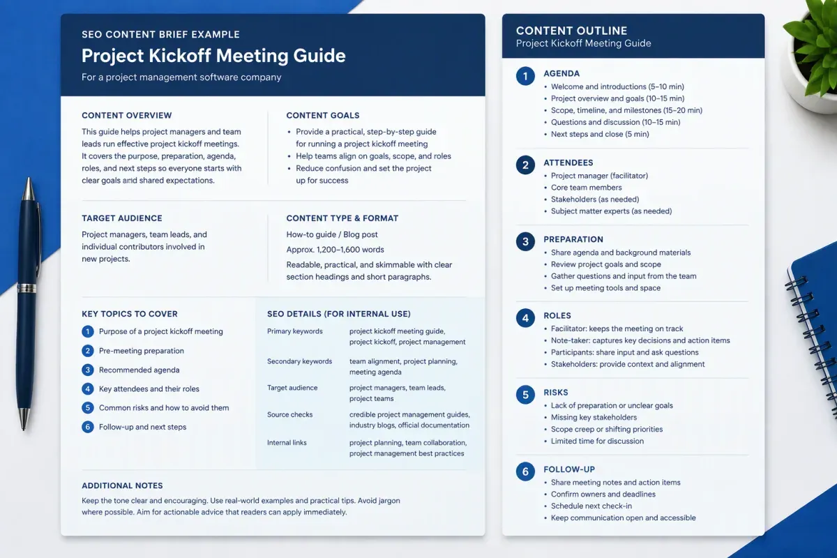 Completed SEO content brief example for a project kickoff meeting guide