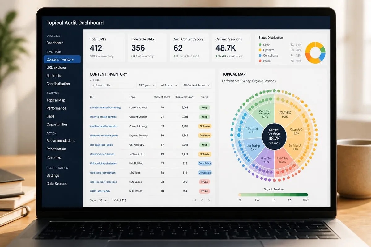 Topical content audit dashboard showing inventory, status tags, and topical map