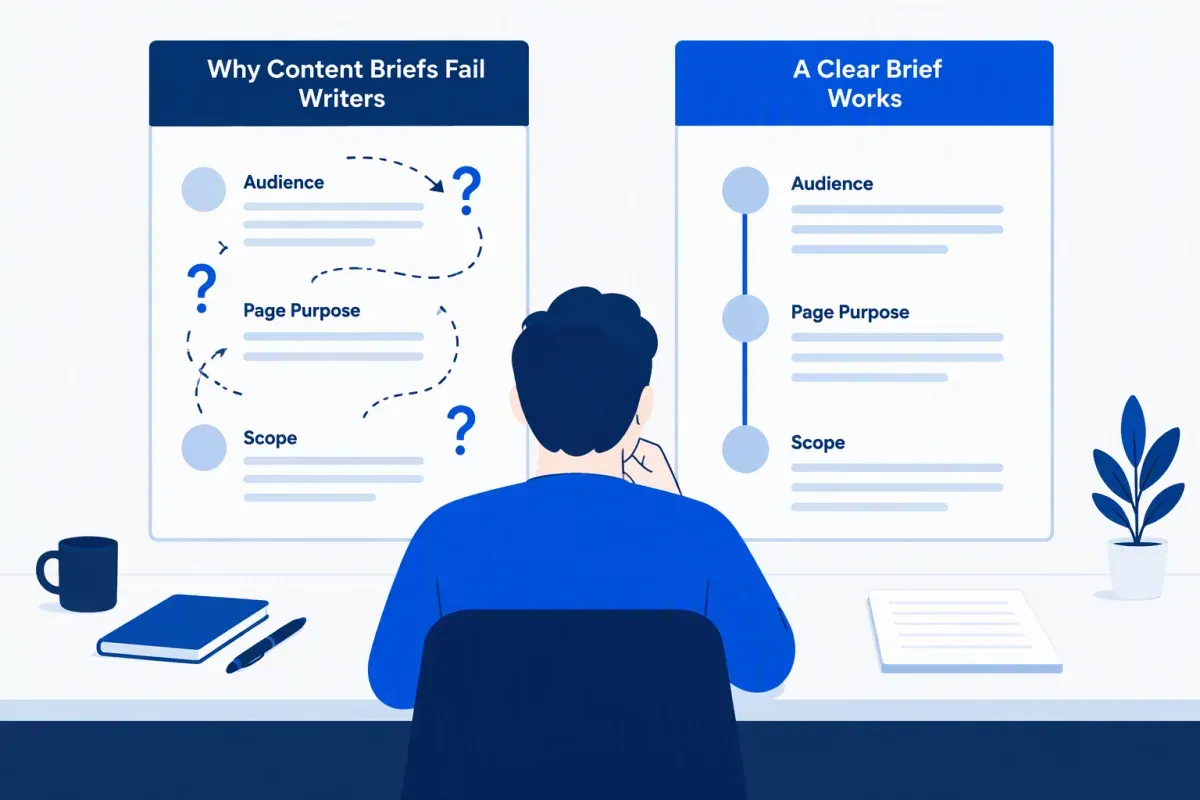Writer comparing a content brief with unclear audience, page purpose and scope against a clear brief