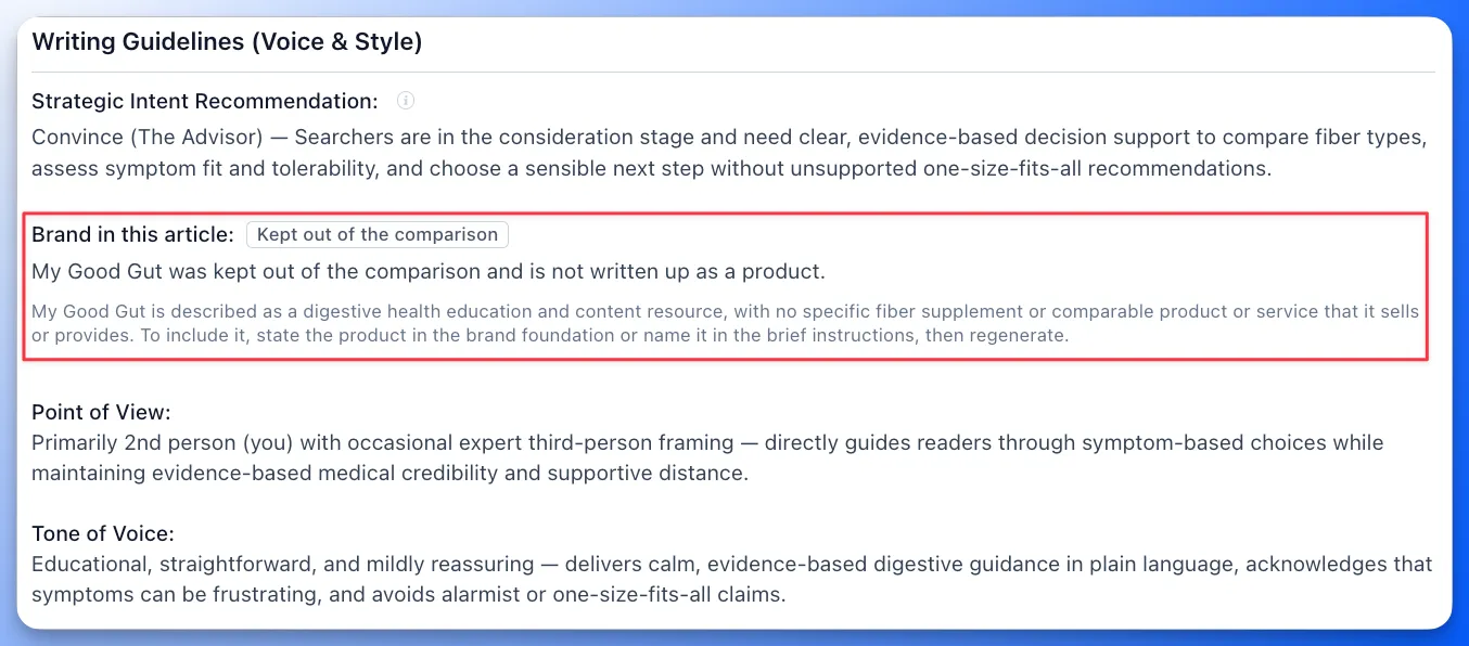 Brief Writing Guidelines showing Brand in this article: Kept out of the comparison, with the reason and how to include the brand