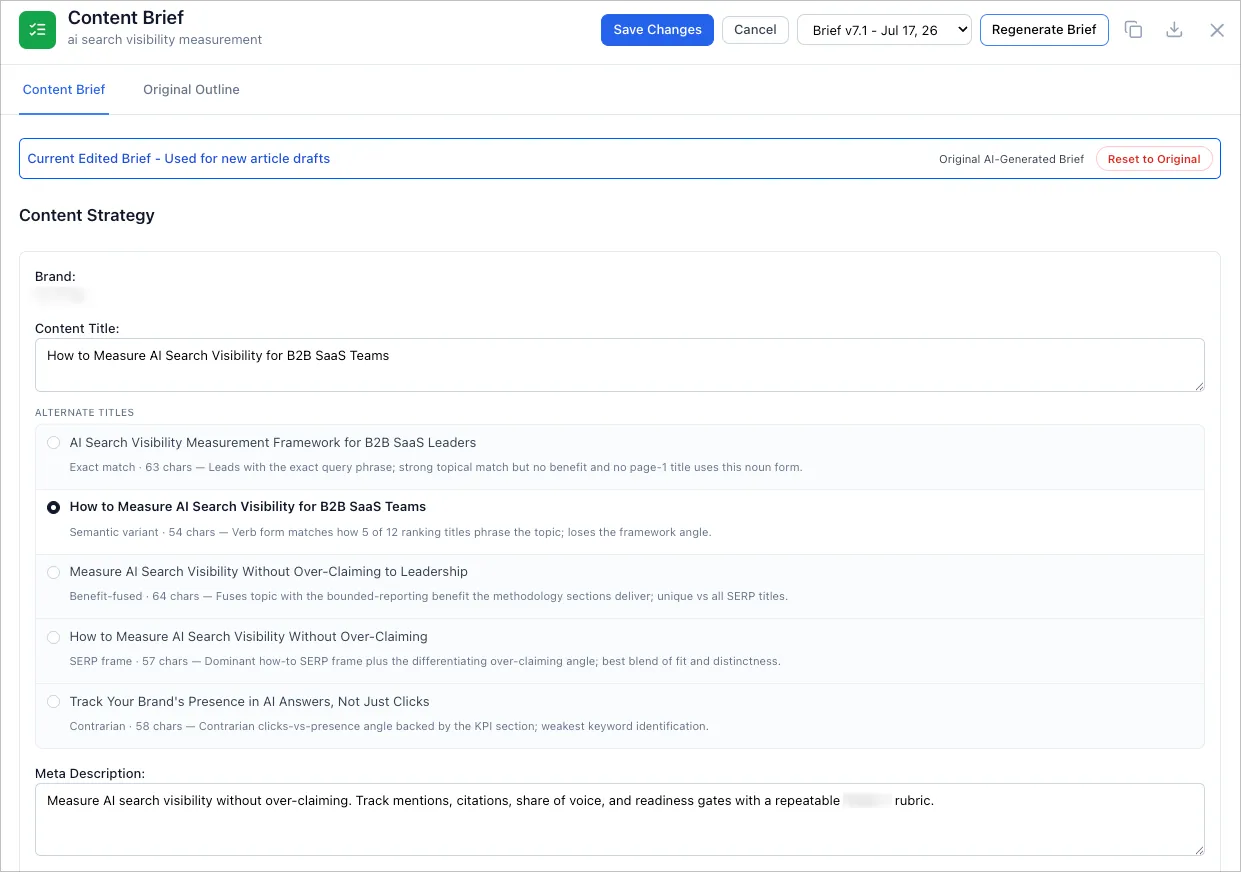 Editing a brief's title and meta description with a list of alternate title options, each labeled by strategy with a short reason, and a selected option marked