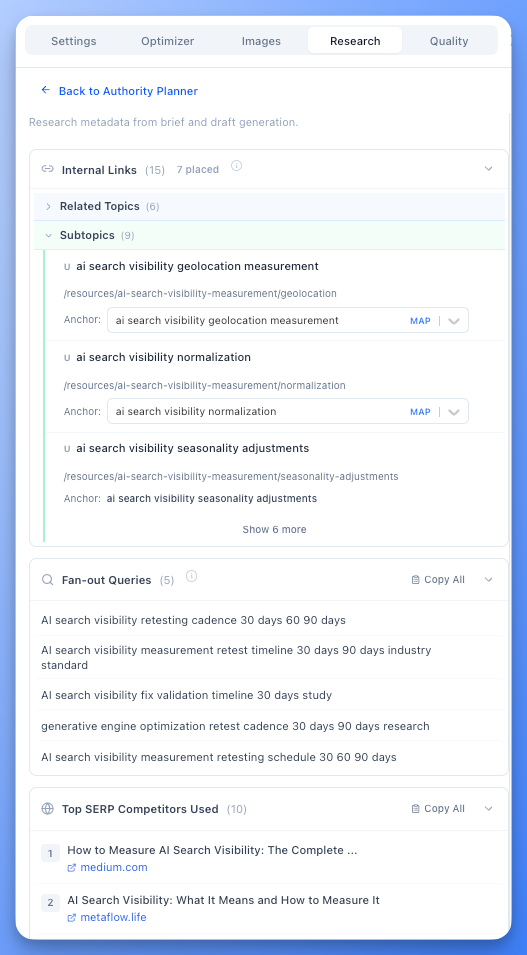 Research Tab showing internal link suggestions and competitor sources