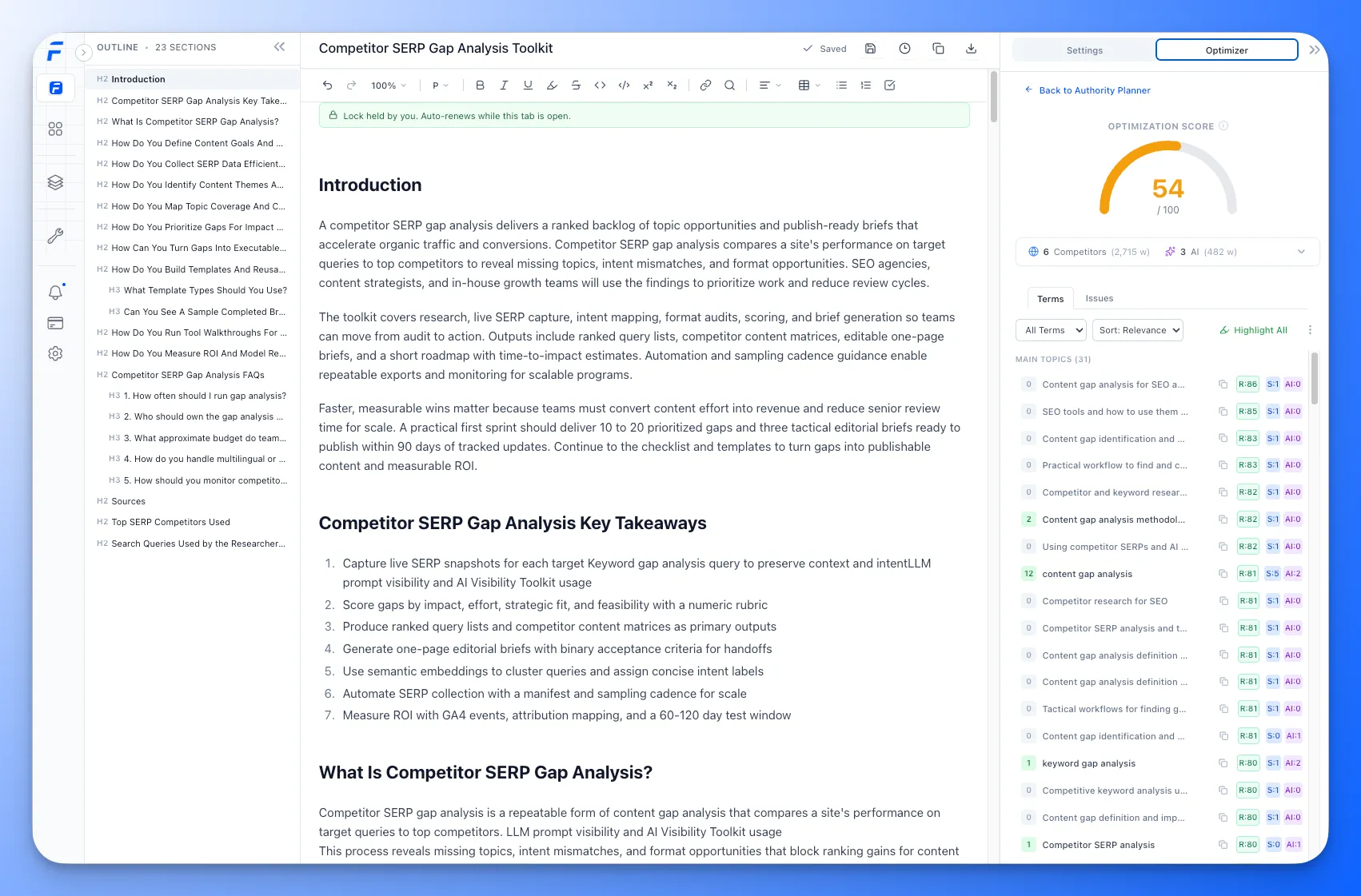 Content Editor Workspace Layout showing the brief panel, rich text editor, and optimizer settings