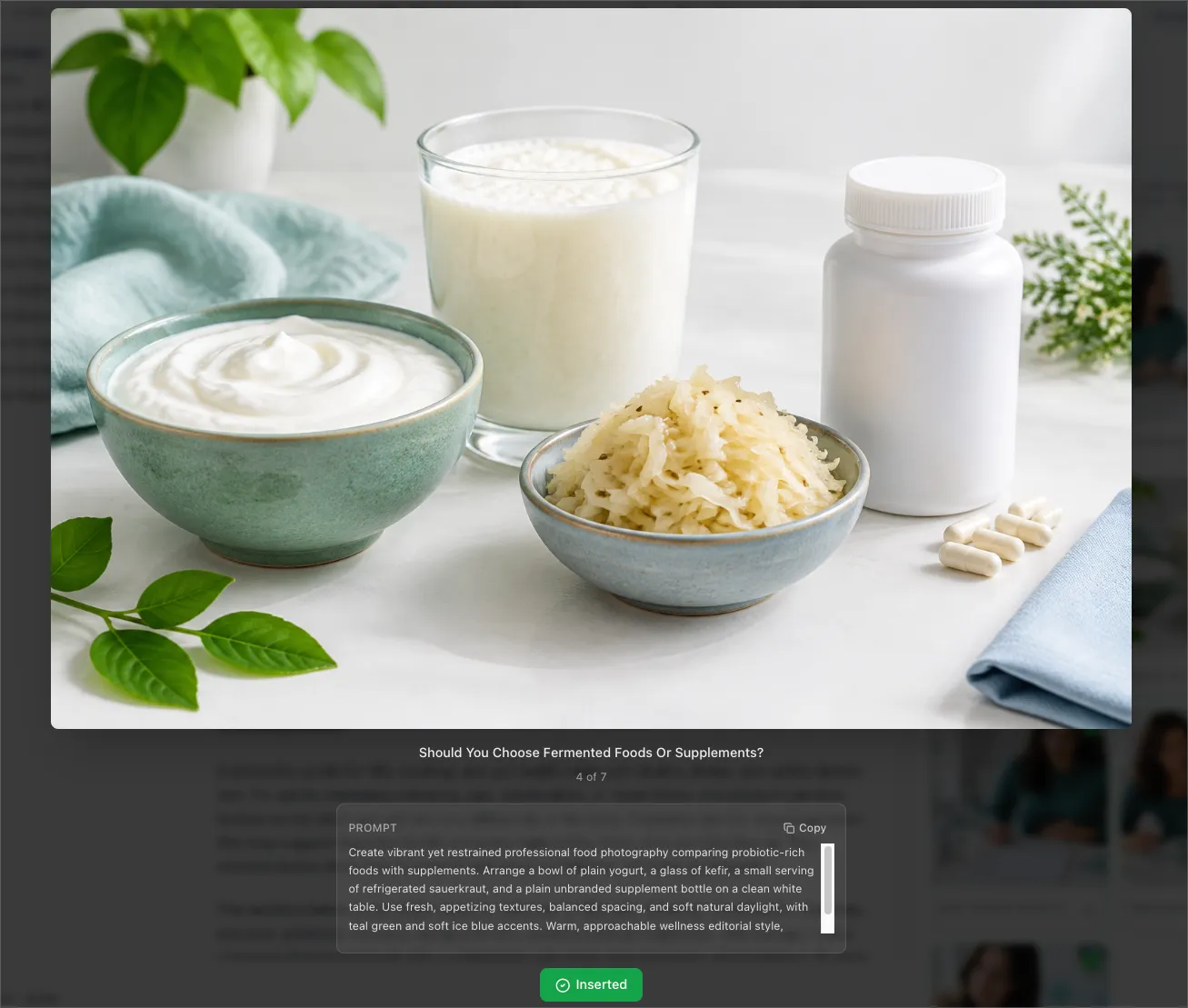 Article image open in the lightbox with the prompt that generated it and a Copy button below the image