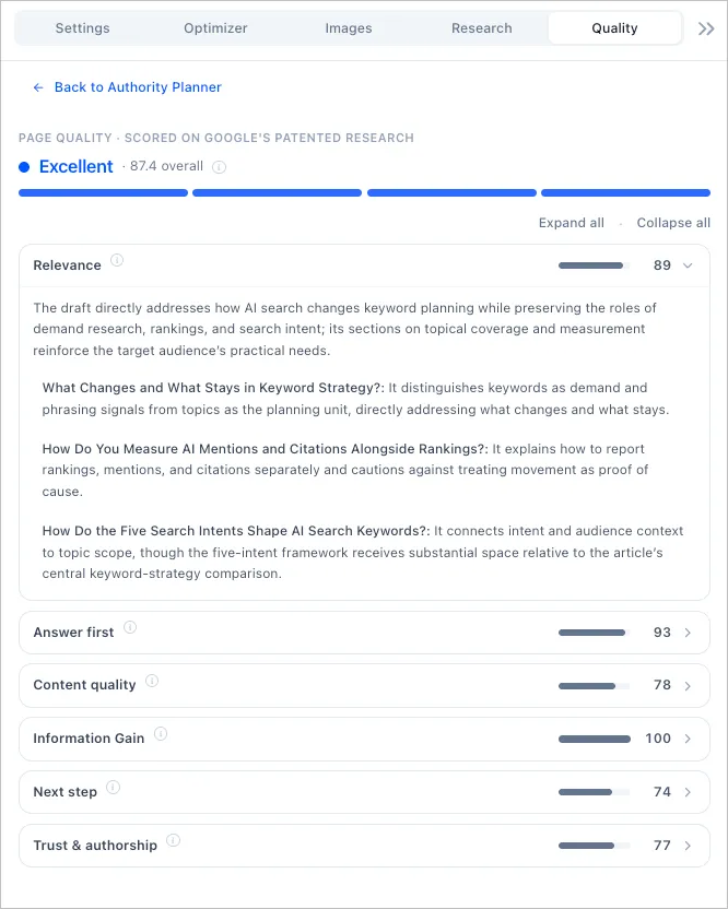 Page Quality Scorecard in the Content Editor showing the overall quality score with six dimension breakdowns, reasoning, and clickable evidence quotes