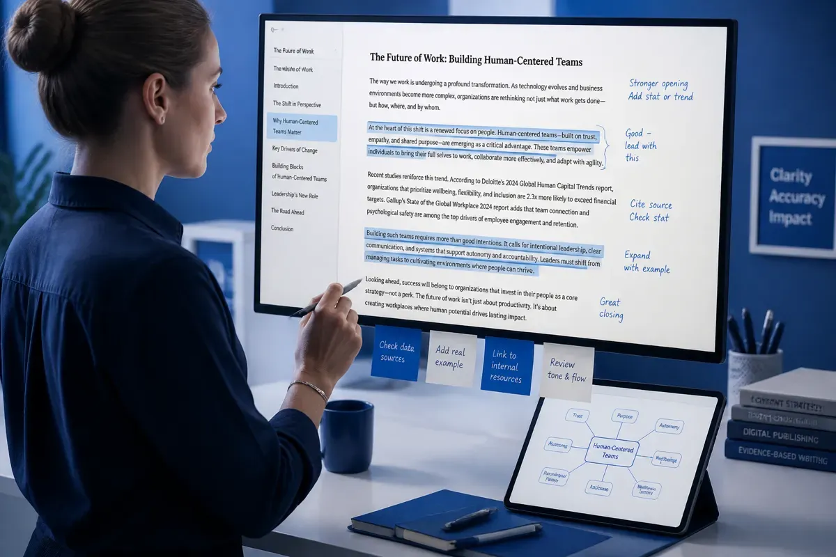 Content strategist reviewing article with topical map to improve topical authority