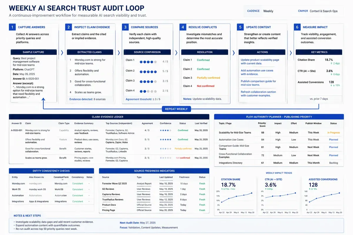 Continuous AI search trust audit with claim evidence and citation visibility metrics