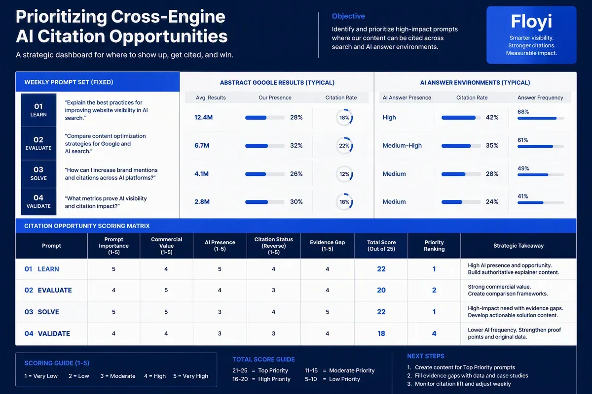 Cross-engine AI citation opportunity scoring by prompt importance, presence, and evidence gaps