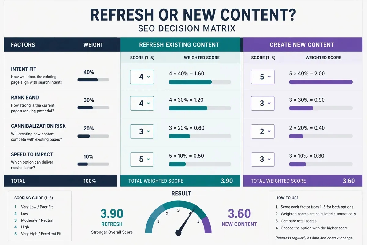 Decision matrix for scoring refresh vs new content with weighted factors