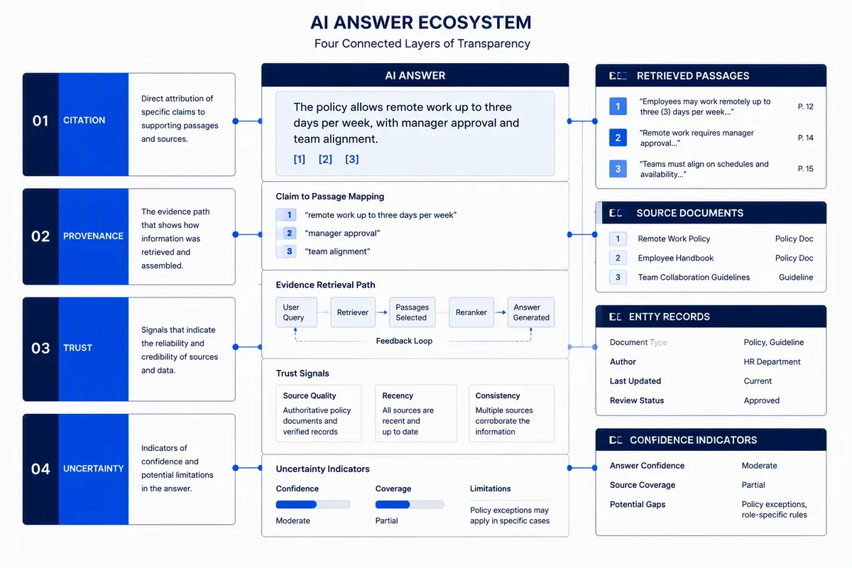 Diagram comparing AI search citations, provenance, trust signals, and uncertainty