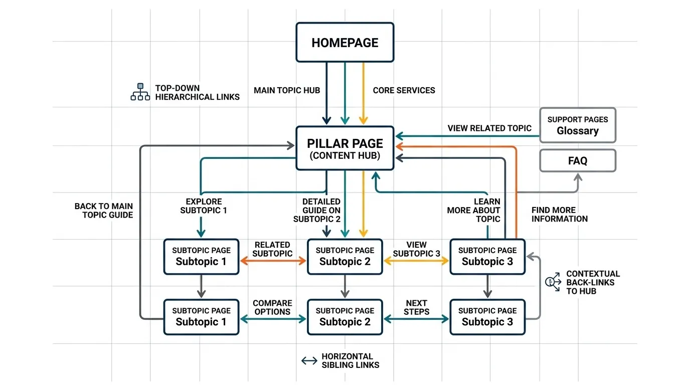 Diagram of internal linking patterns: top-down, back-links, and sibling links for silo SEO