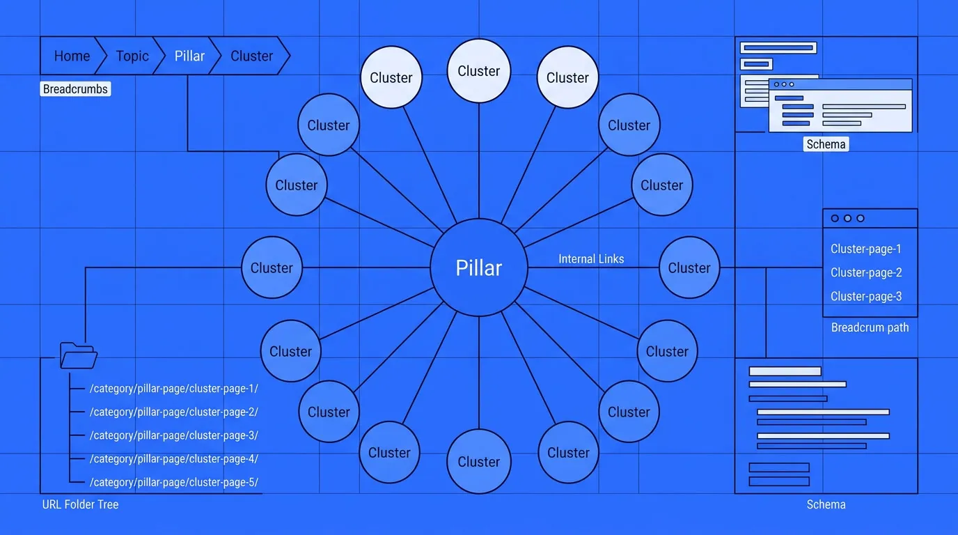 Diagram of pillar and cluster pages with breadcrumbs and schema for topic cluster site architecture