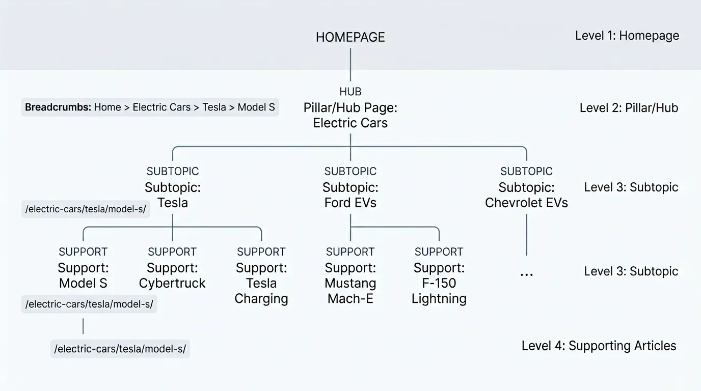 Diagram of silo site architecture hierarchy with hub, subtopics, and supporting pages